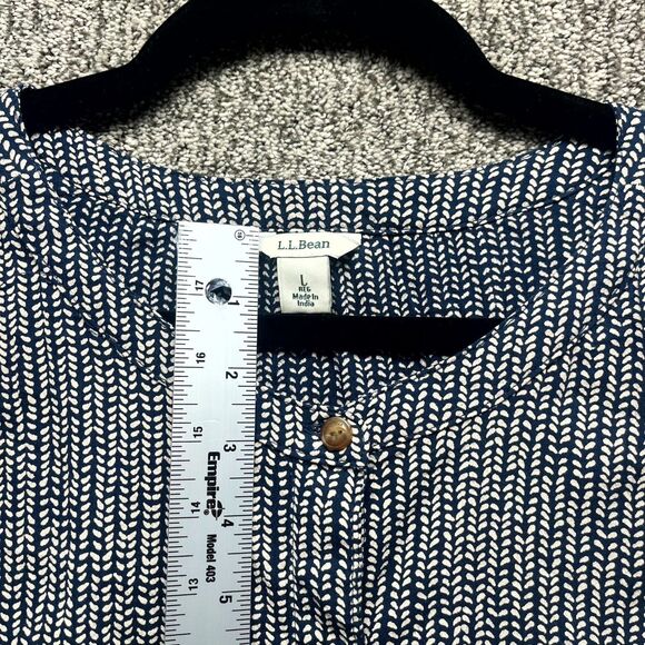 L.L. Bean Womens Large Blouse Top Black White Print Organic Cotton Button Front - Picture 10 of 15